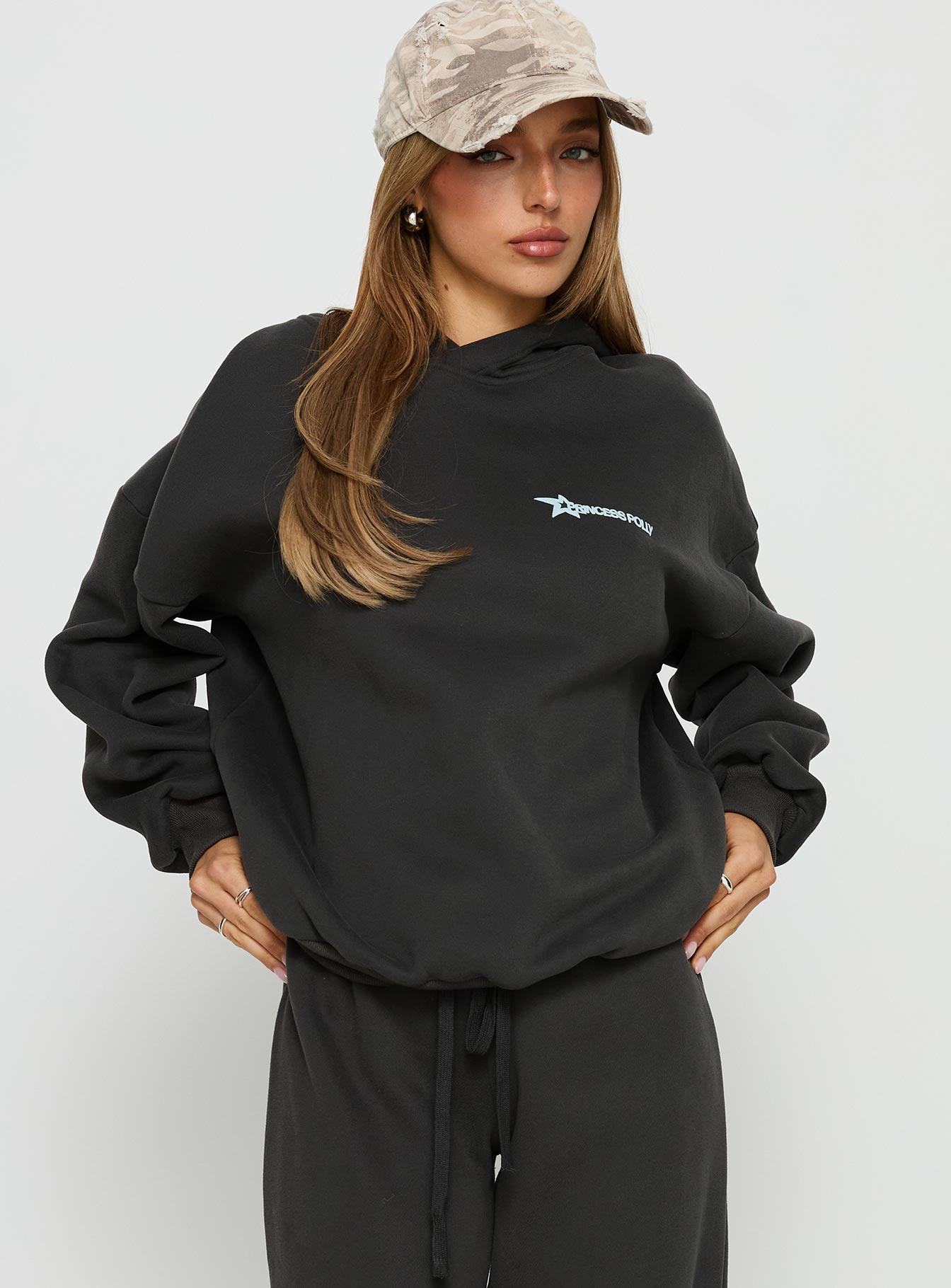 front view of model wearing Princess Polly Princess Polly Stargirl Hoodie Charcoal Longline Jumpers 