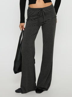 back view of model wearing Princess Polly Alfreda Jersey Pants Grey / Black Stripe Mid Rise Pants 