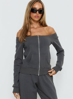 front view of model wearing Princess Polly Airazo Off Shoulder Zip Through Jumper Grey 