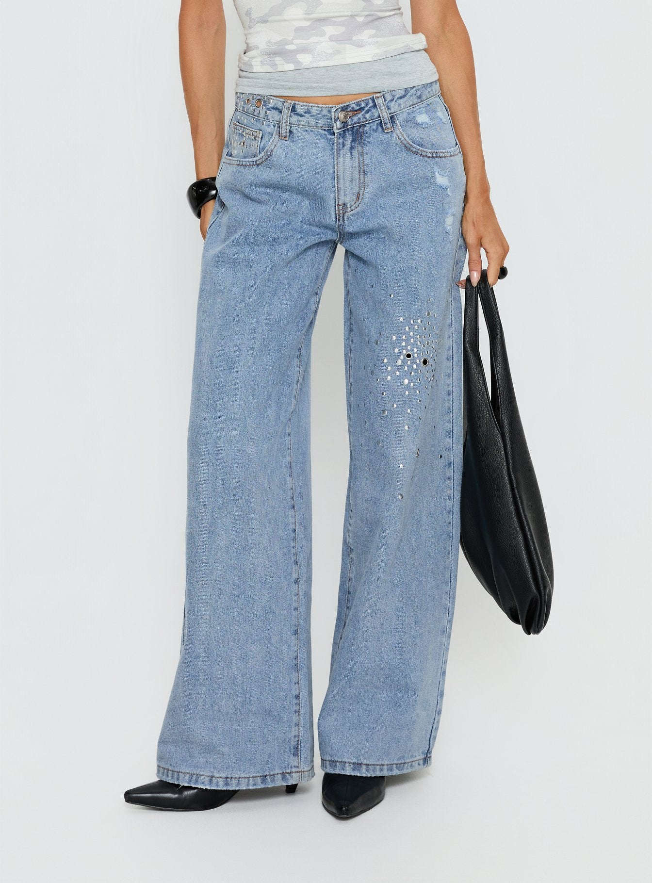 Candi Mid Rise Wide Leg Studded Jeans Light Blue Wash | Princess Polly
