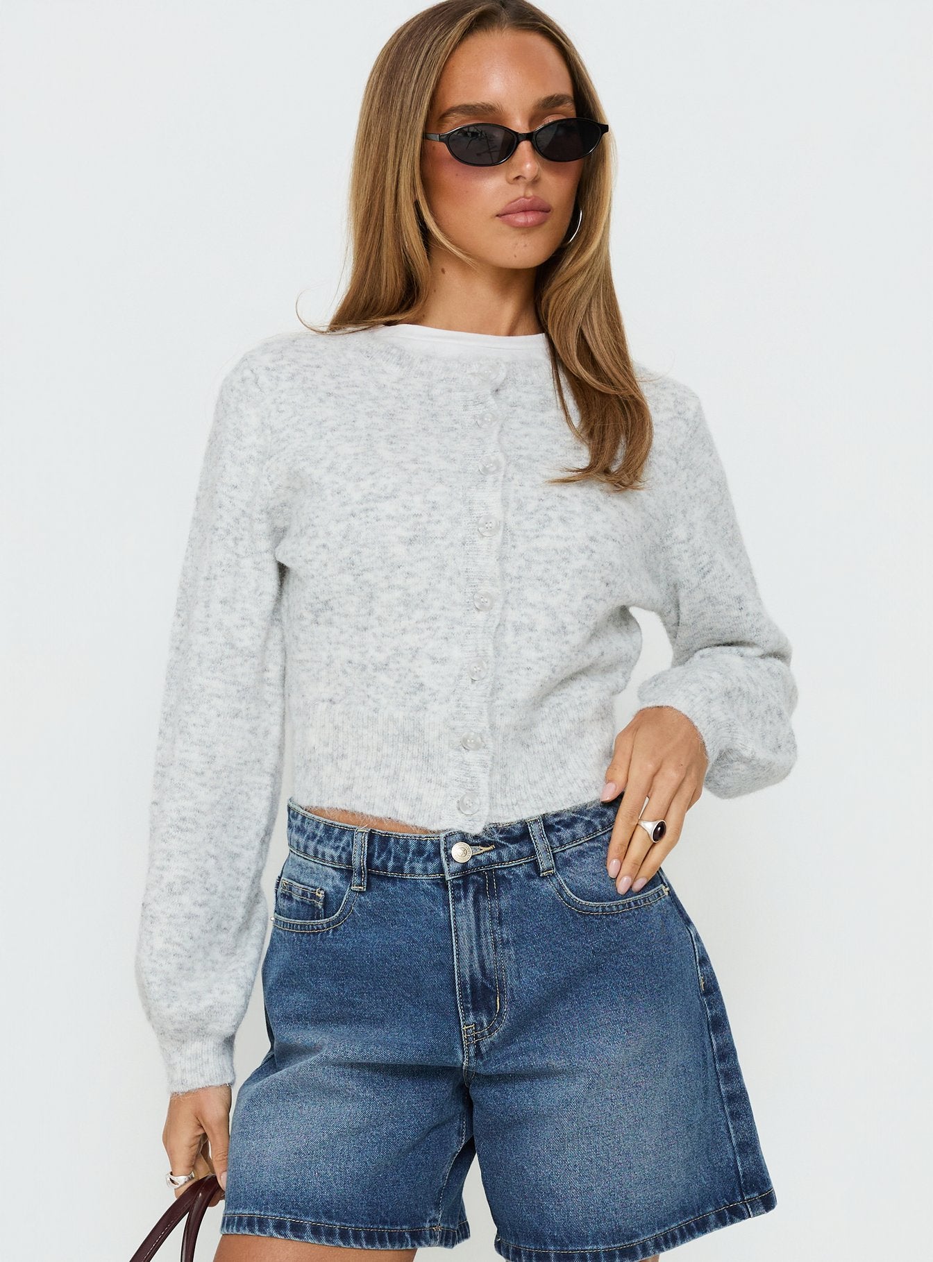 front view of model wearing Princess Polly Dawsen Button Down Cardigan Grey cropped 