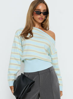 Zinia Off Shoulder Knit Sweater Grey / Blue Stripe