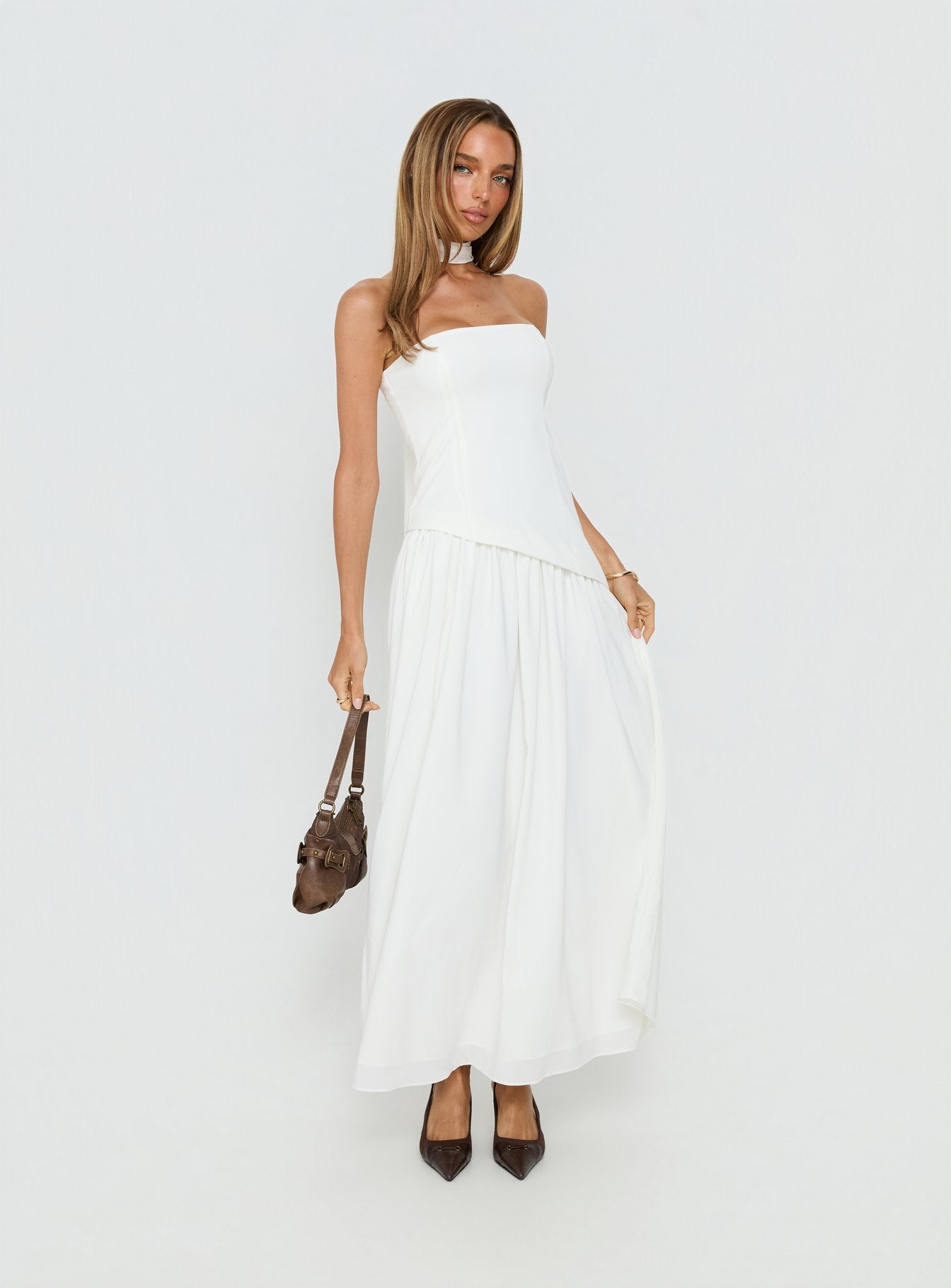 Odela Strapless Drop Waist Maxi Dress White | Princess Polly
