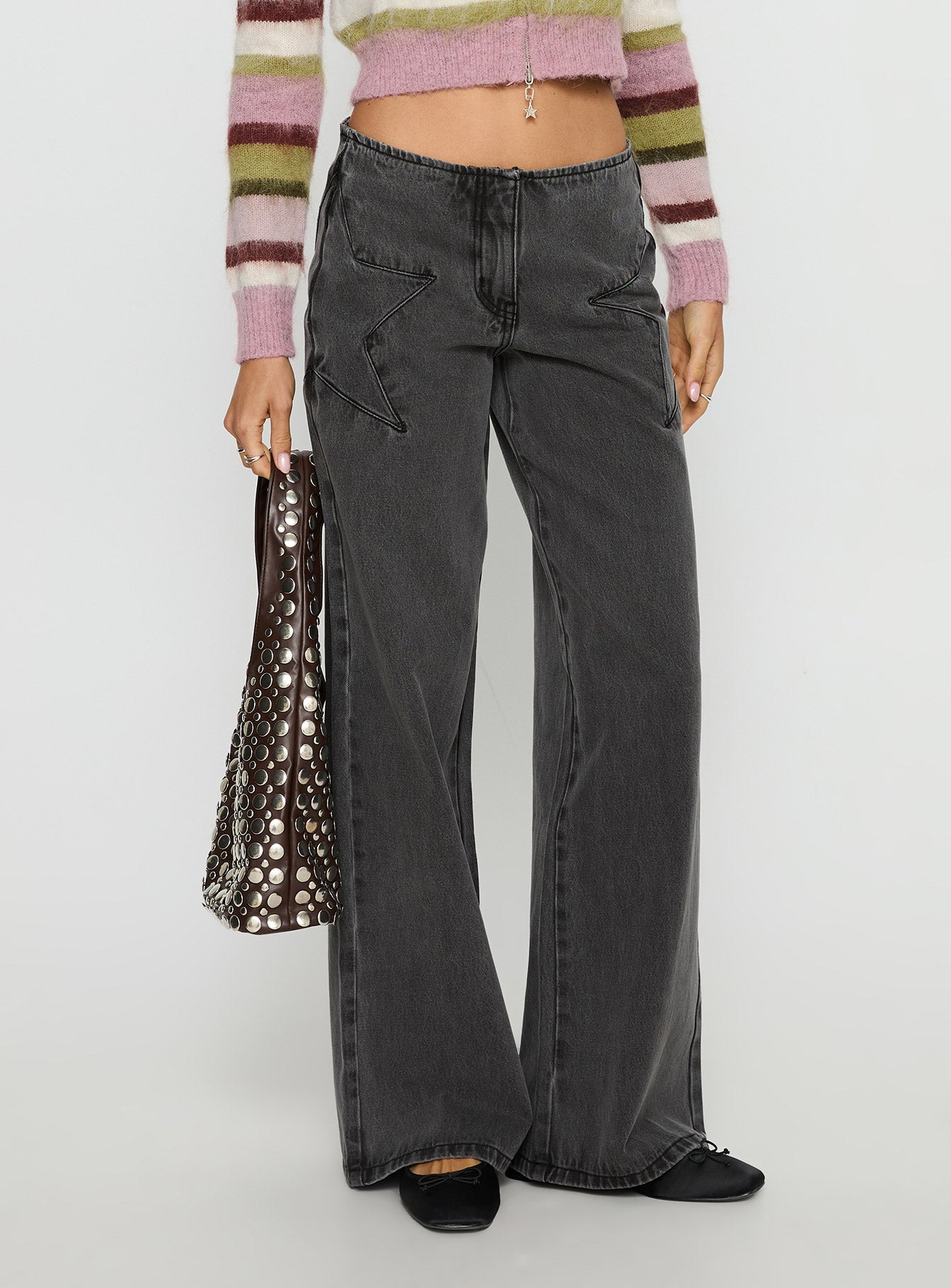 front view of model wearing Princess Polly Dolley Star Stitch Mid Rise Wide Leg Jean Grey Wash Mid Rise Jeans 