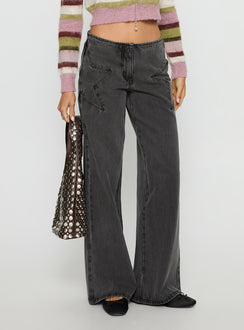 front view of model wearing Princess Polly Dolley Star Stitch Mid Rise Wide Leg Jean Grey Wash Mid Rise Jeans 