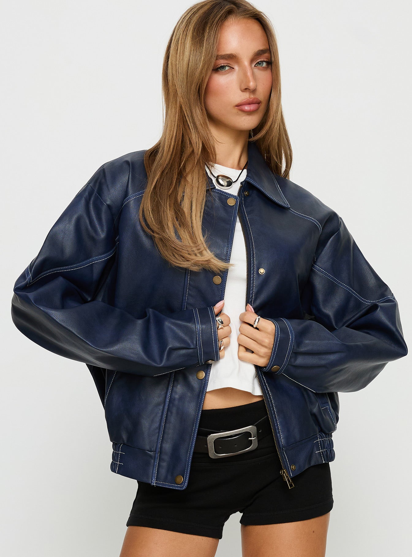 Jaxton Faux Leather Jacket Navy | Princess Polly