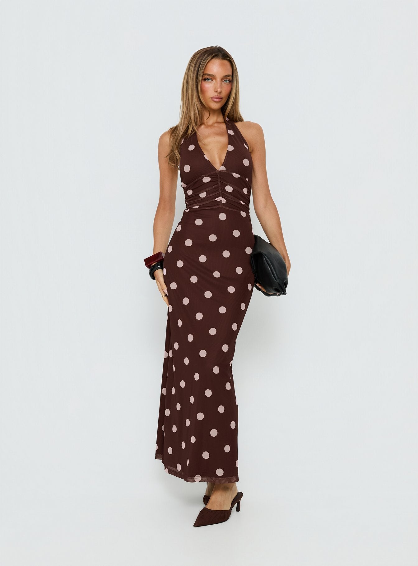 Saviana Halter Ruched Maxi Dress Chocolate | Pink Polka Dot | Chocolate | Pink Polka Dot | Womens | Princess Polly Lower Impact Saviana Halter Ruched Maxi Dress Chocolate | Pink Polka Dot | Chocolate | Pink Polka Dot | Womens | Princess Polly Lower Impact