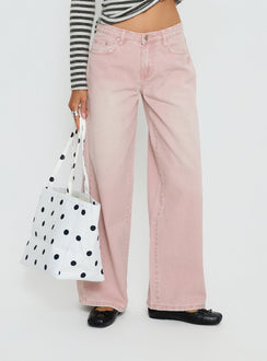 back view of model wearing Princess Polly Lucky Dip Mid Rise Straight Leg Jeans Washed Pink Mid Rise Jeans 