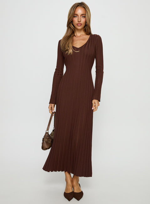 Gratuita Long Sleeve Rib Maxi Dress | Chocolate | Womens | Princess Polly Lower Impact Gratuita Long Sleeve Rib Maxi Dress | Chocolate | Womens | Princess Polly Lower Impact