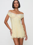 front view of model wearing Princess Polly Bonnin Off The Shoulder Lace Mini Dress Yellow 