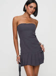 side view of model wearing Princess Polly Twin Flame Strapless Mini Dress Slate Grey Straight Neck 