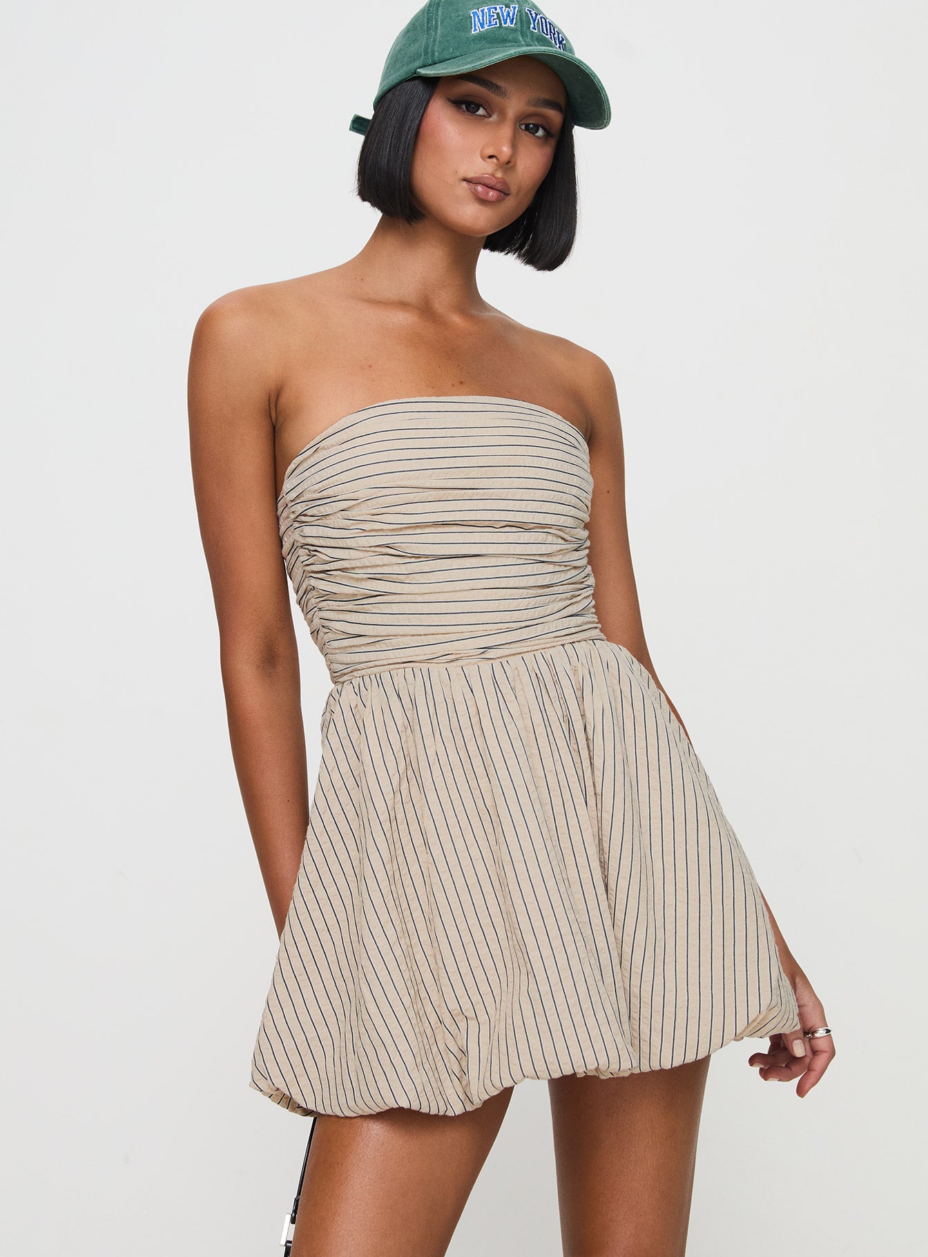 Quinette Strapless Bubble Hem Mini Dress Beige Stripe | Princess Polly Quinette Strapless Bubble Hem Mini Dress Beige Stripe | Princess Polly