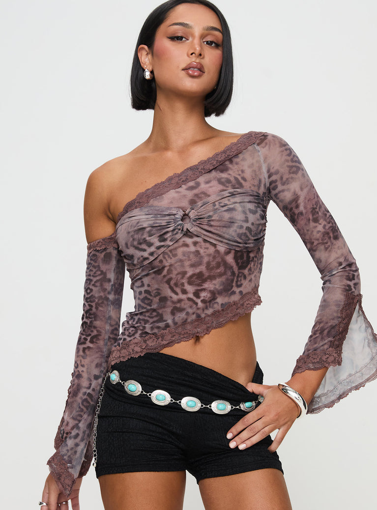 front view of model wearing Princess Polly Empty Space Top Leopard Full Sleeves Asymmetric Neckline 