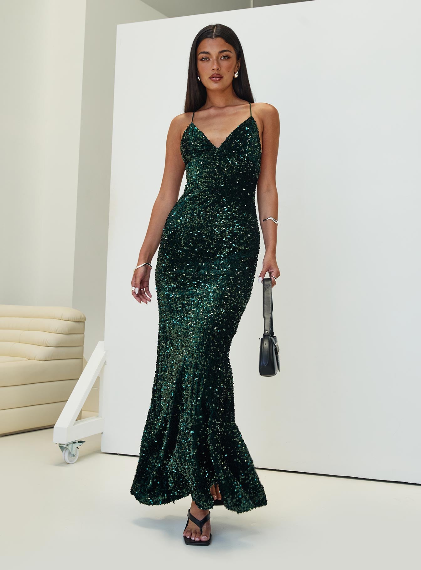 back view of model wearing Princess Polly Charlette Sparkle Maxi Dress Dark Green V-Neck 