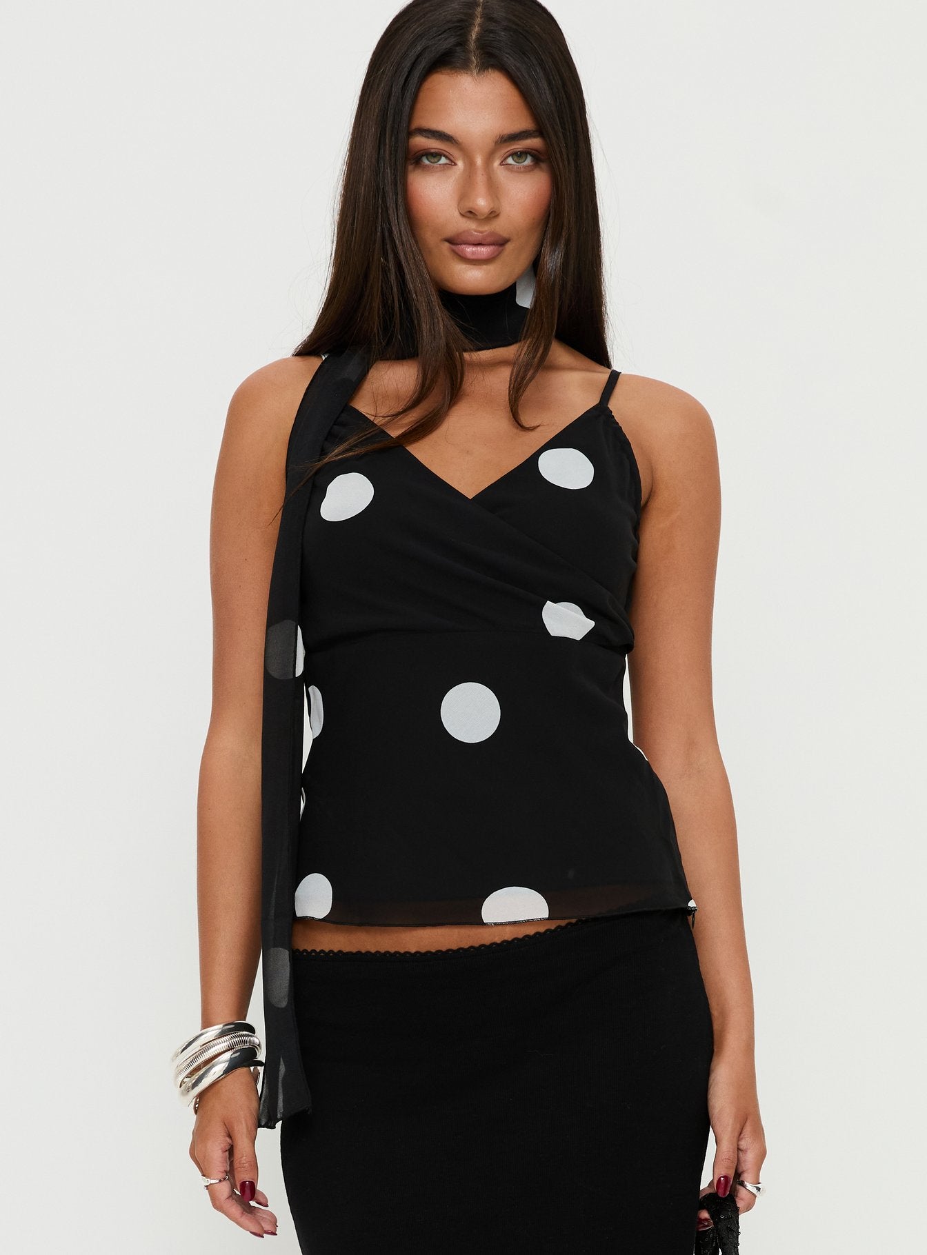 Jenae Scarf Detail Cami Top Black / White Polka | Princess Polly