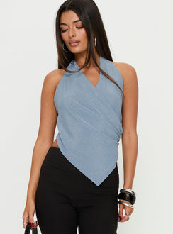 Lillyan Cross Front Backless Top Blue Shimmer