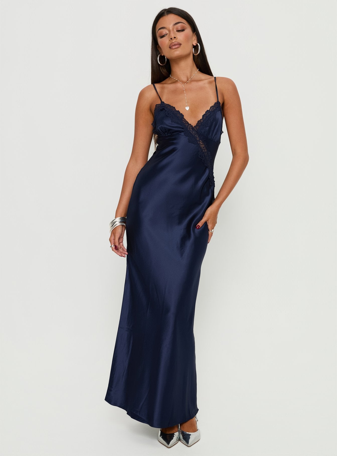 Madelene Lace V Neck Maxi Dress Navy | Princess Polly
