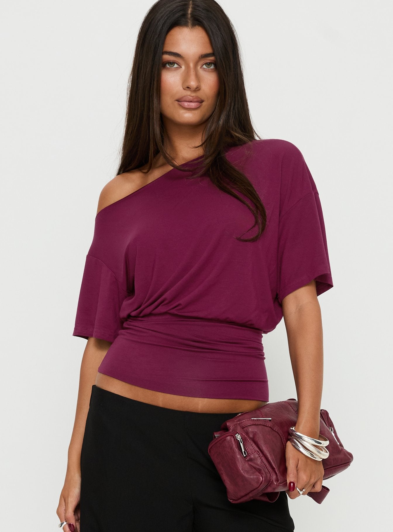 Ashlinn Off Shoulder Drapey Top Cherry Lacquer | Princess Polly