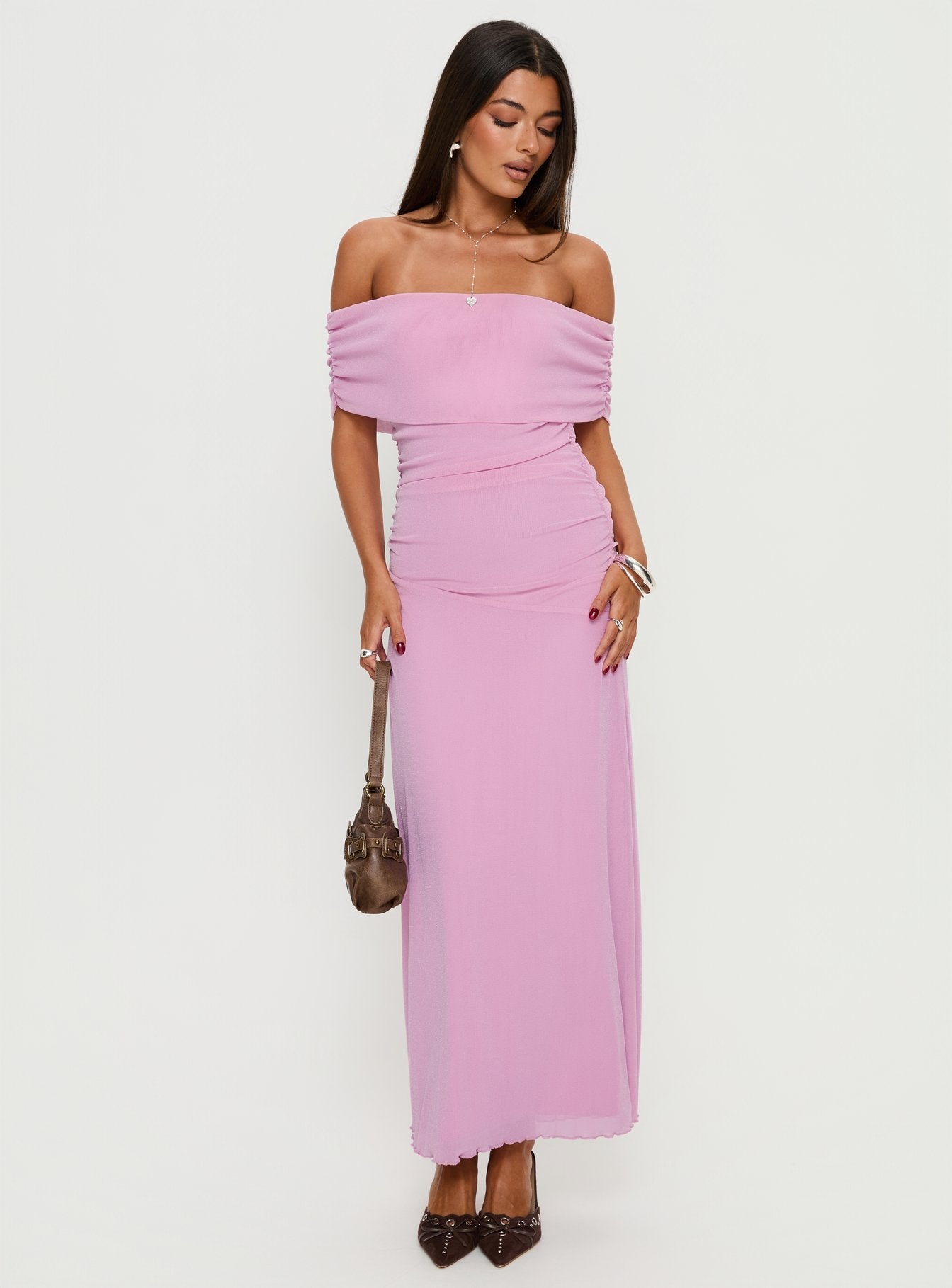Penelopa Off Shoulder Maxi Dress Pink | Princess Polly