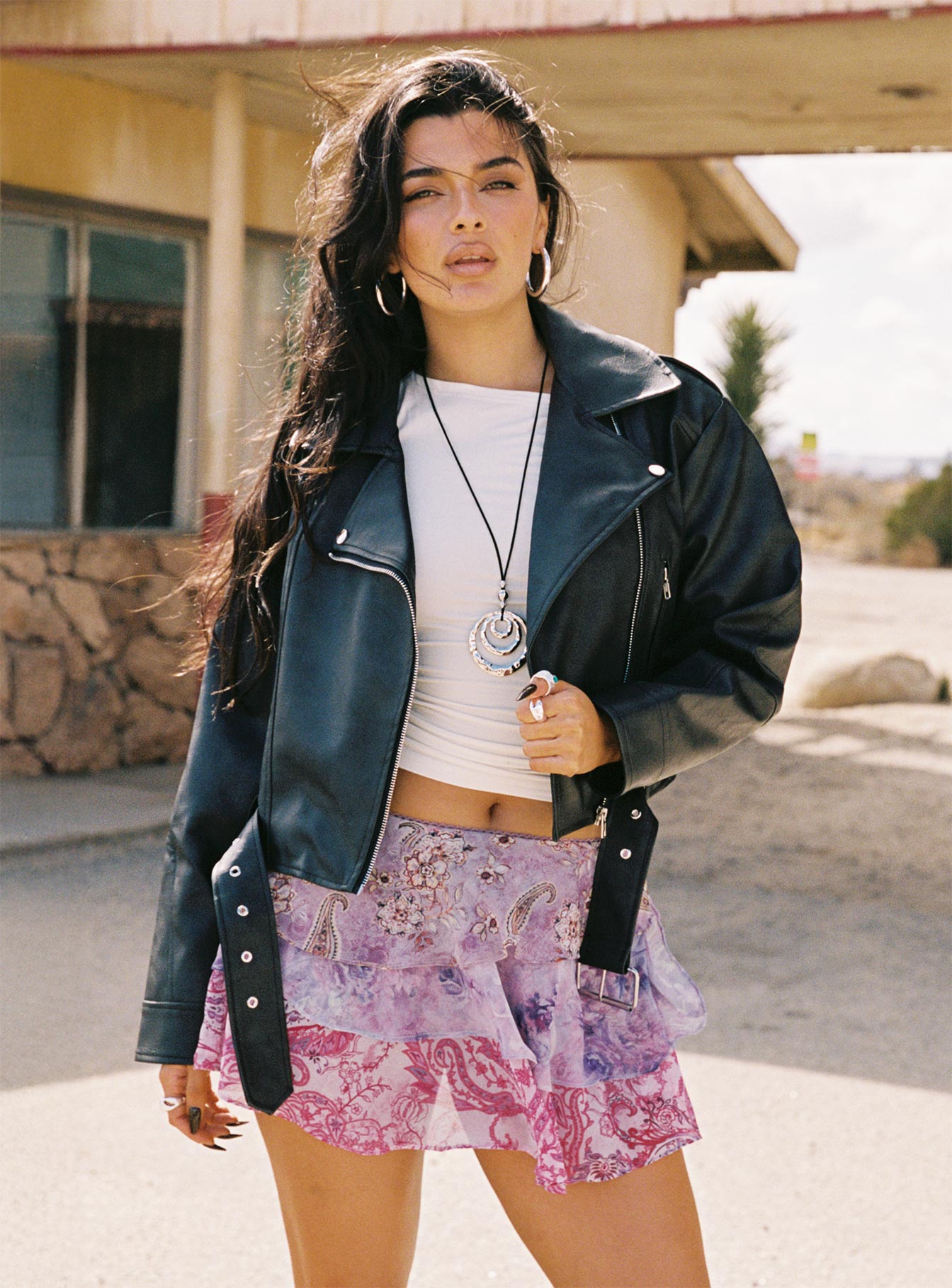   front view of model wearing Princess Polly Mystica Layered Mini Skirt Pink Multi Mini Skirts 