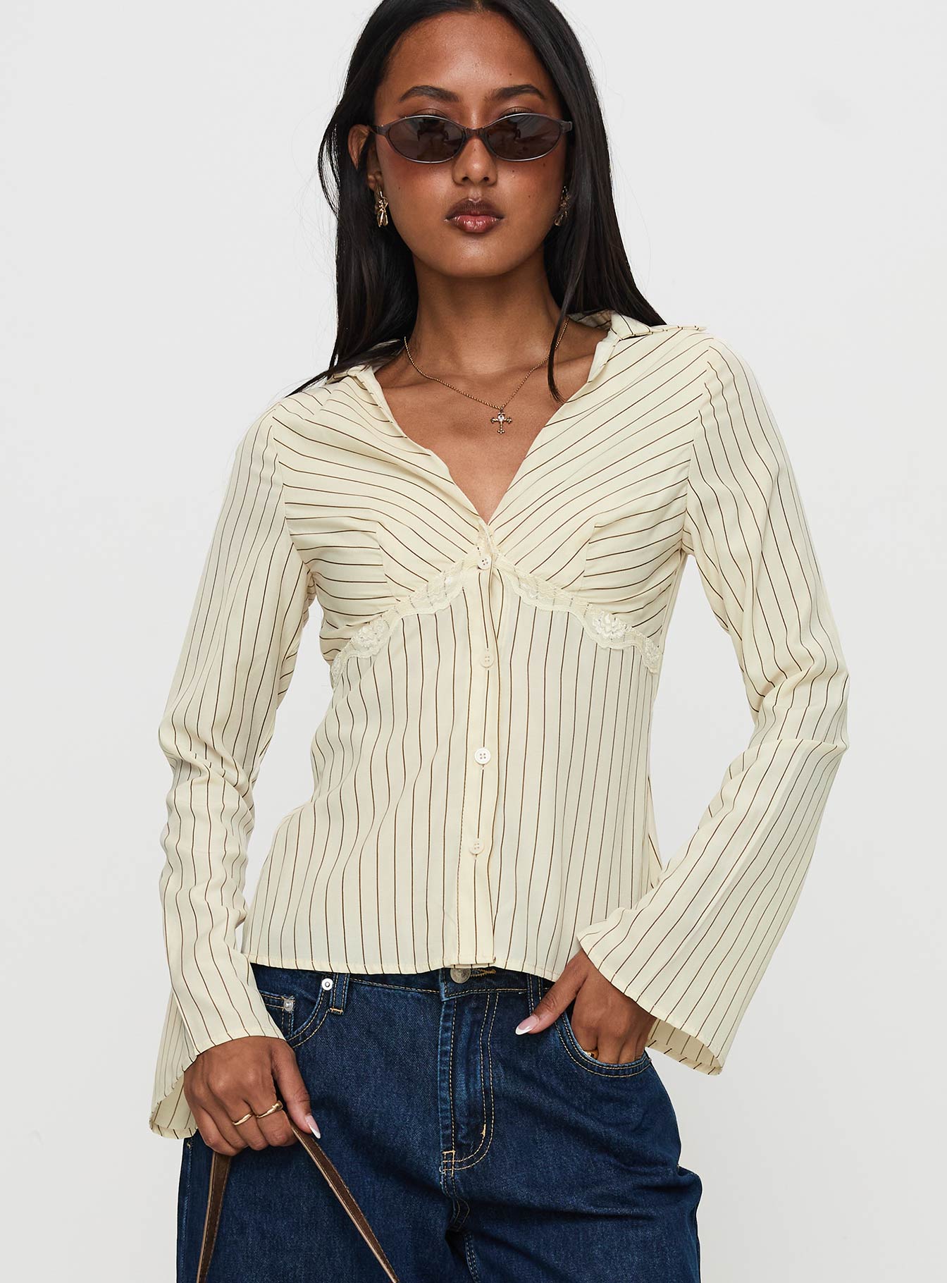 Life Begins Long Sleeve Lace Trim Top Cream Stripe | Princess Polly