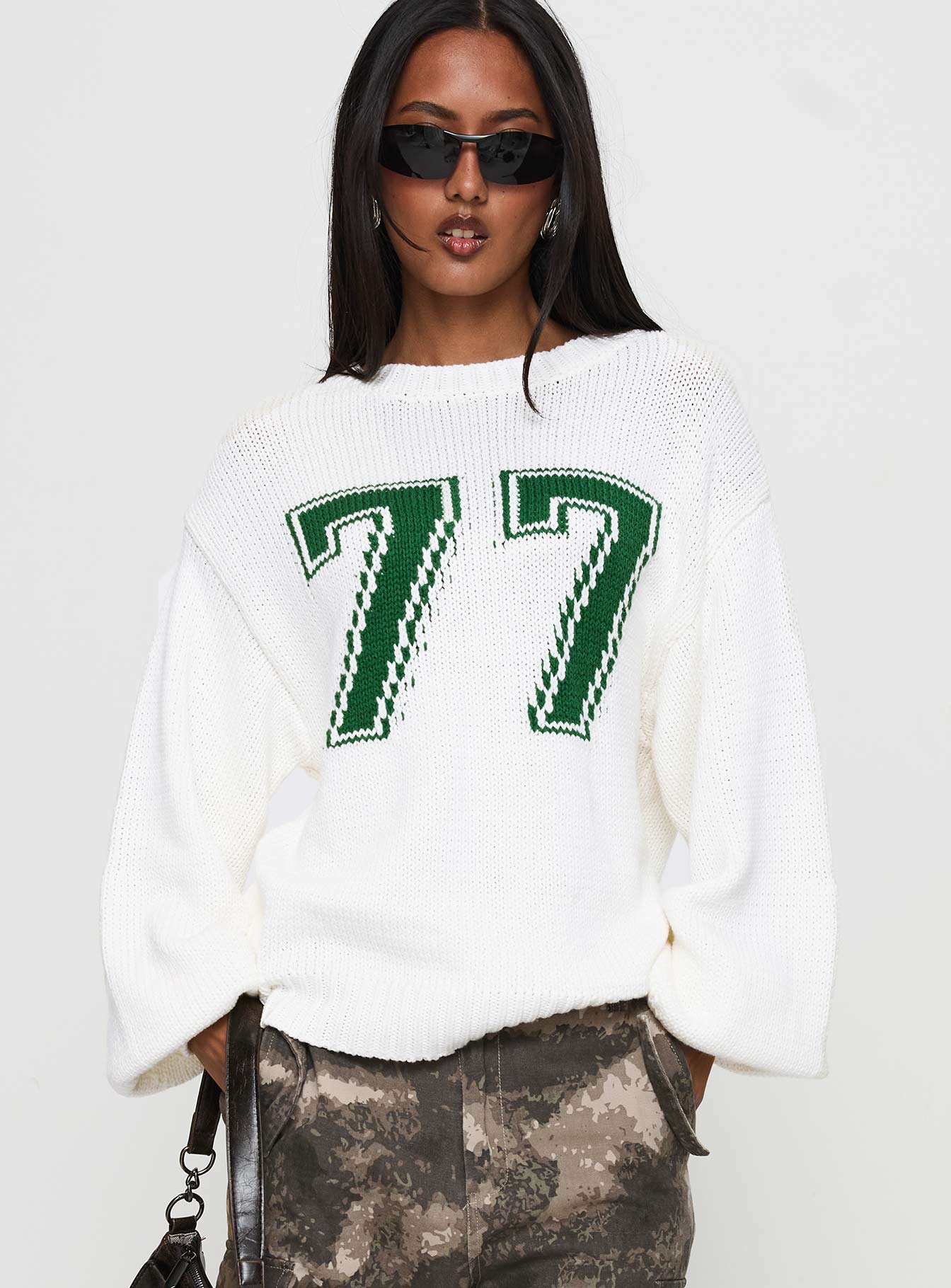 back view of model wearing Princess Polly Summer 77 Knit Sweater White / Green 