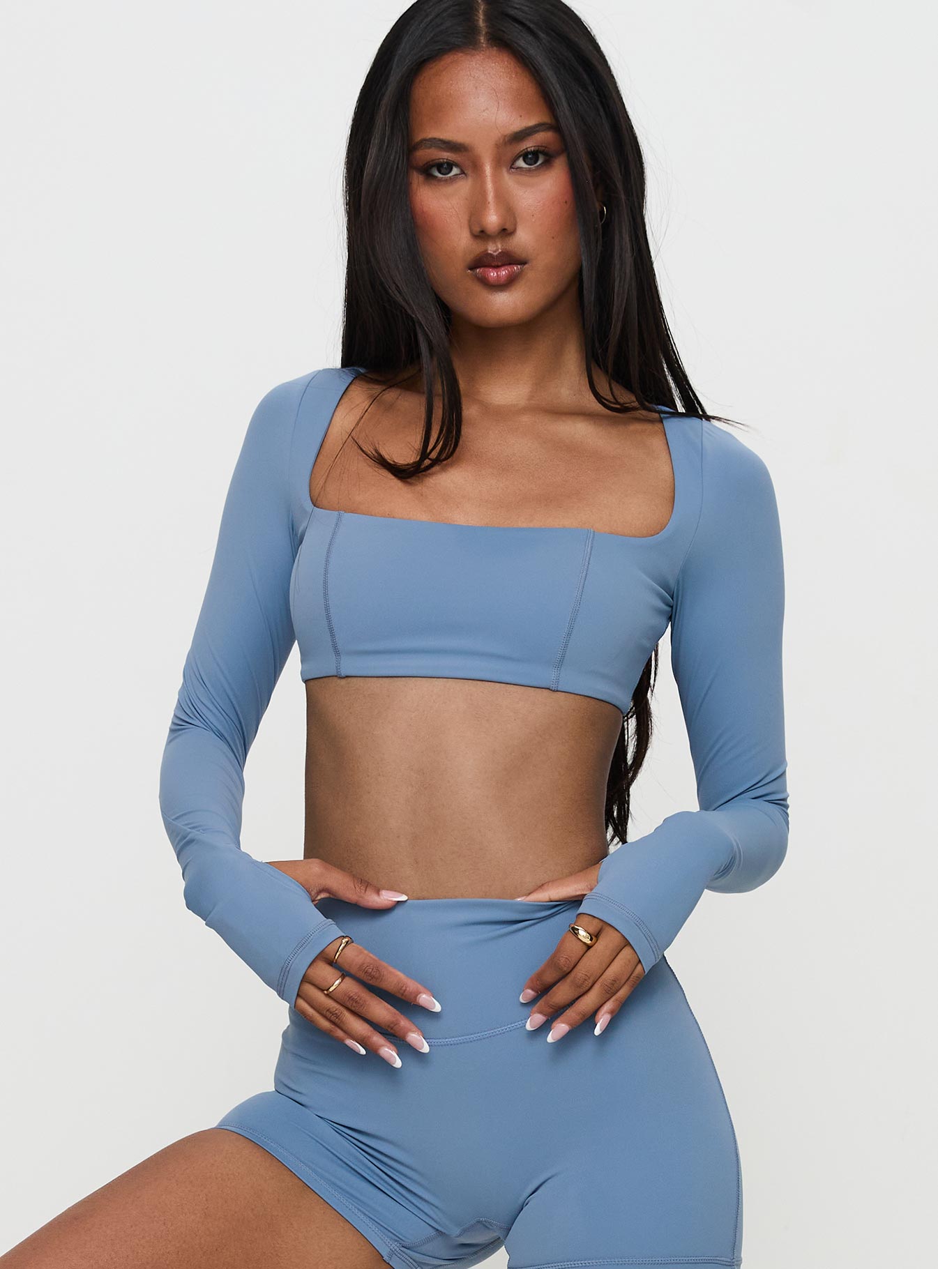 Set Point Active Square Neck Long Sleeve Top Blue | Princess Polly