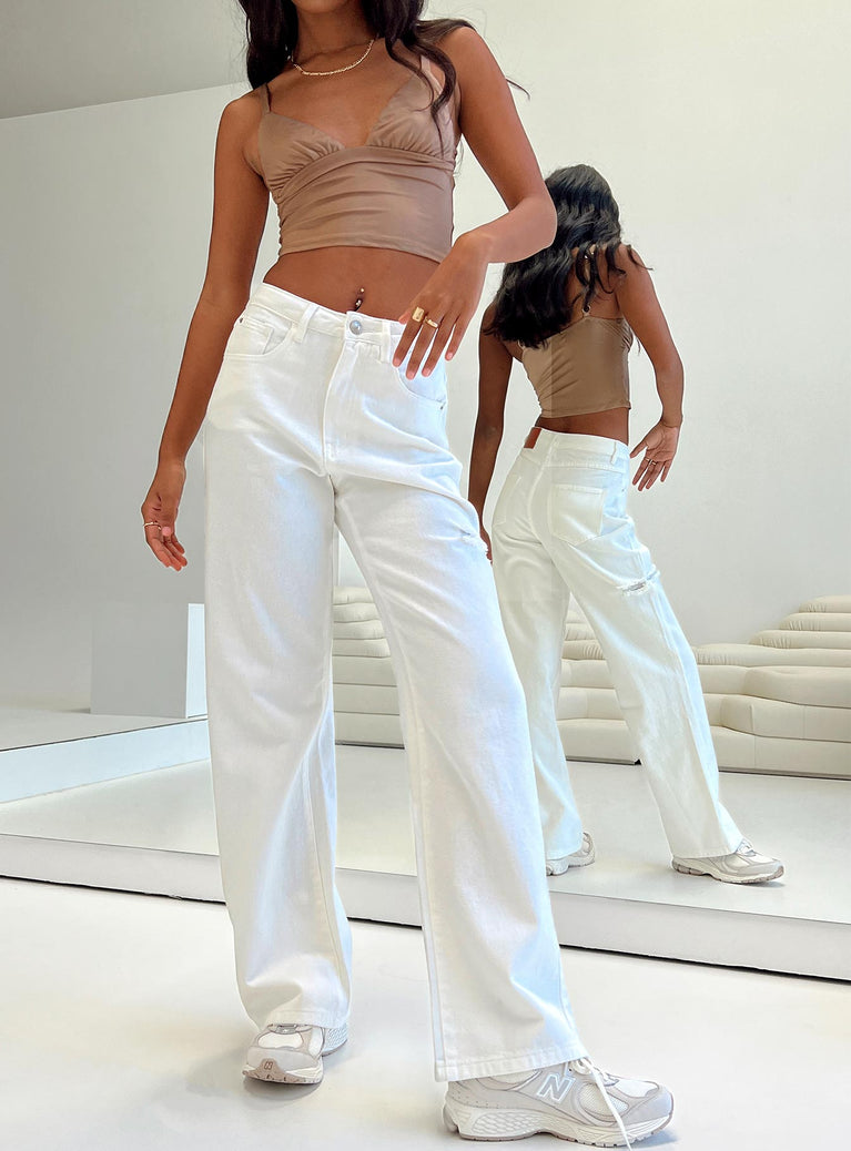 Wide Leg Cropped Jeans - White - Ladies