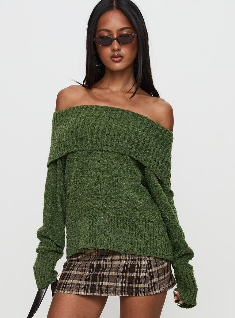 front view of model wearing Princess Polly Parkley Boucle Off The Shoulder Sweater Olive Long 