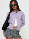 front view of model wearing Princess Polly Denmark Cardigan Lilac Cropped 