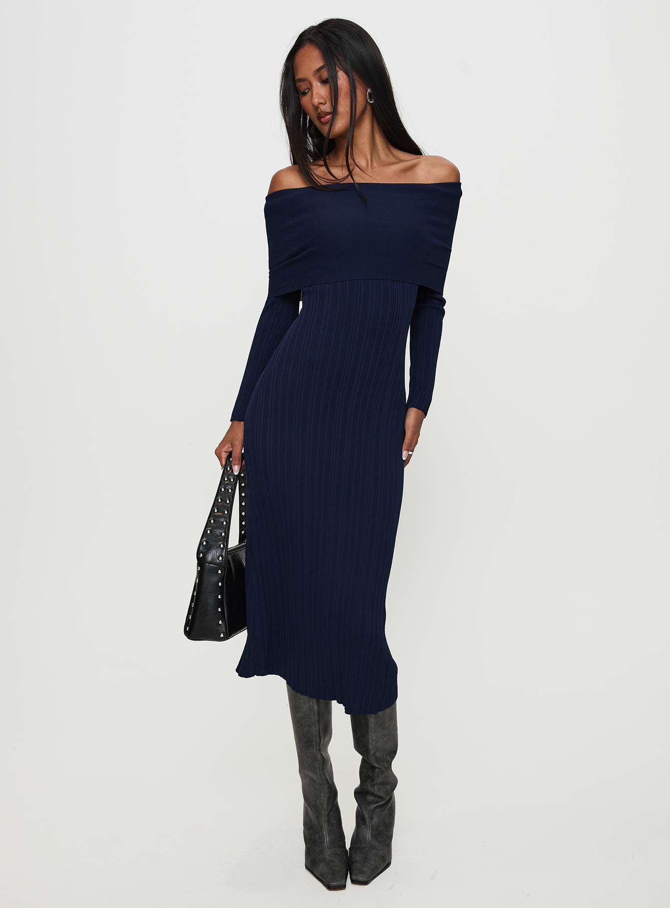 front view of model wearing Princess Polly Flisse Long Sleeve Rib Maxi Dress Navy Straight Neck 