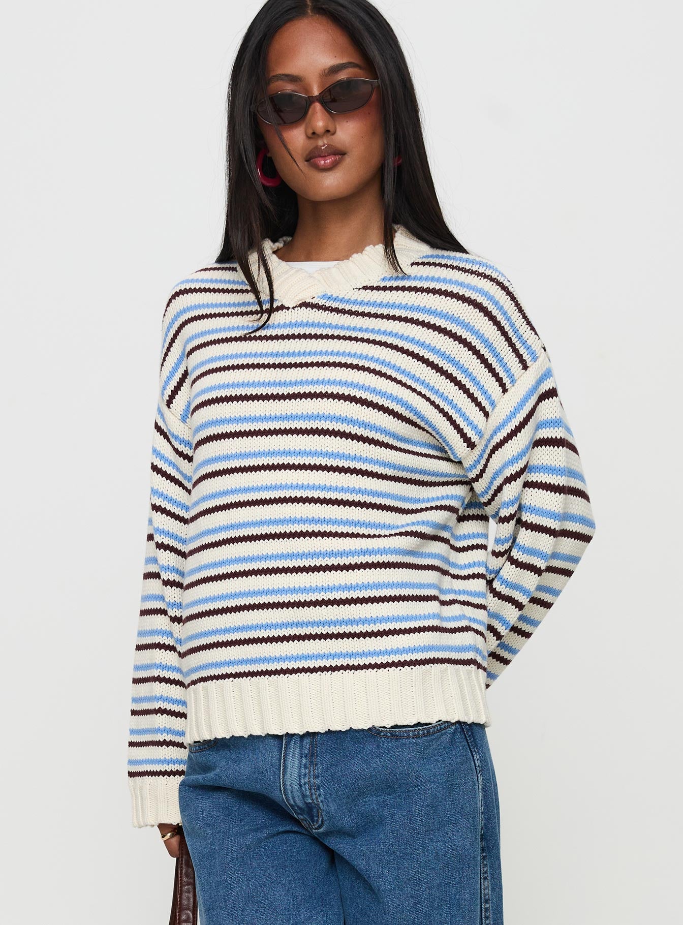 side view of model wearing Princess Polly Karolyn Sweater Blue Stripe Long 