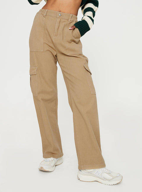 Front view of model wearing  front Princess Polly  Pawley Cargo Pants Beige