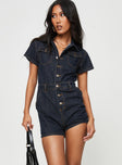 Dark wash denim romper Classic collar, button fastening at front, twin chest & hip pockets, belt looped waist, back pockets