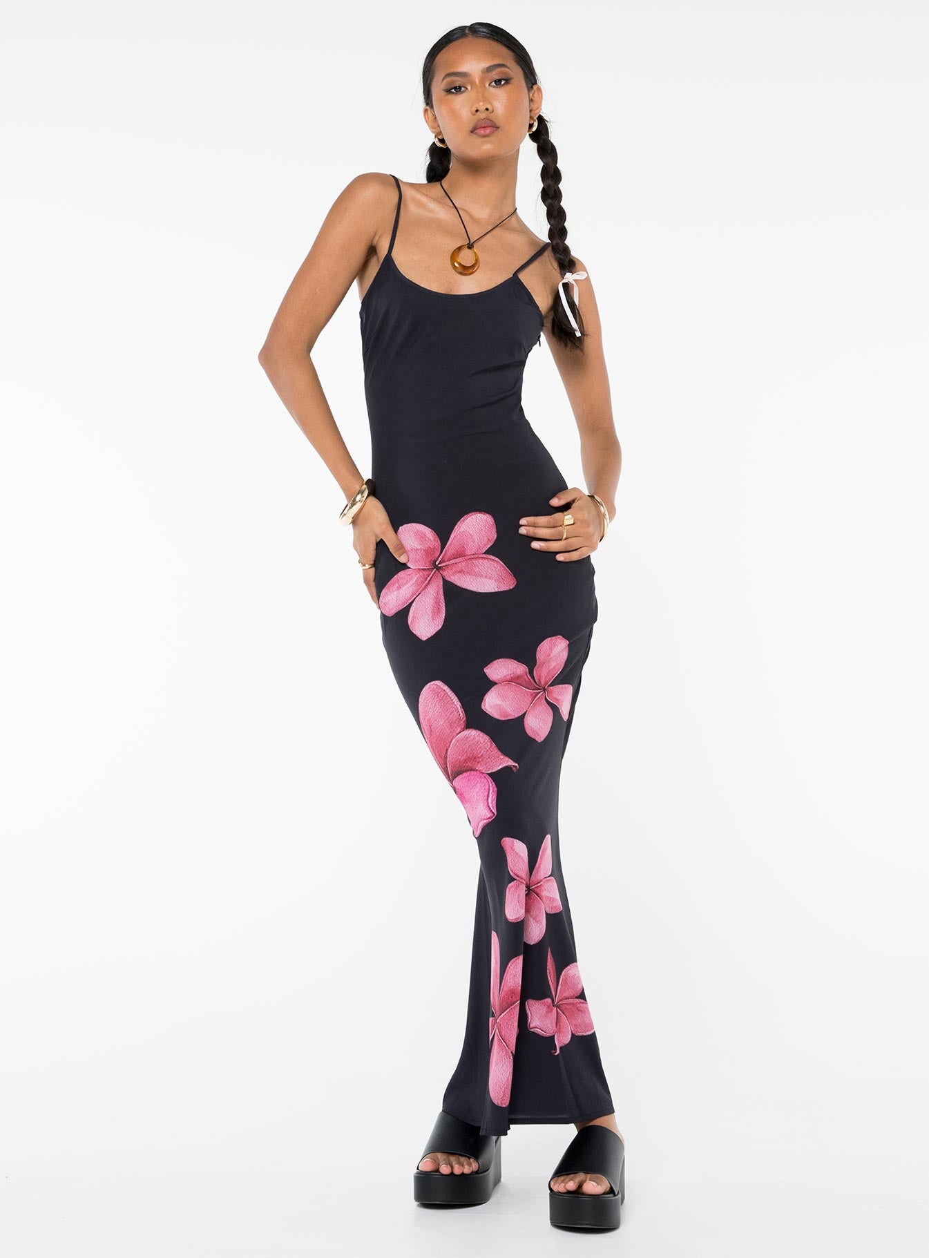 front view of model wearing Princess Polly Katrine Flower Maxi Dress Black Scoop Neck 