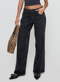 front view of model wearing Princess Polly Serenitia Mid Rise Relaxed Jeans Washed Black Petite Mid Rise 