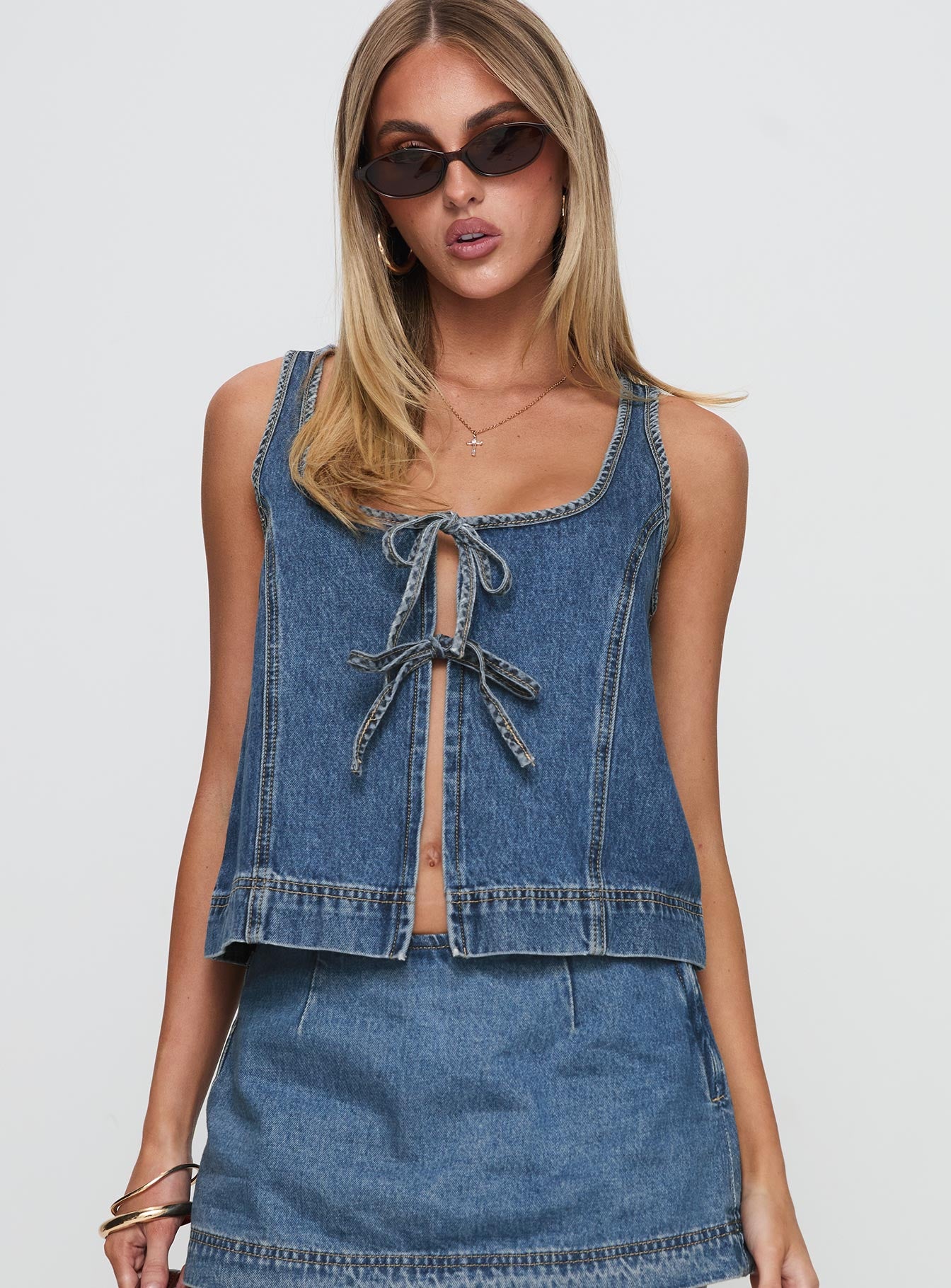 Stefenie Denim Tie Top Mid Wash | Princess Polly
