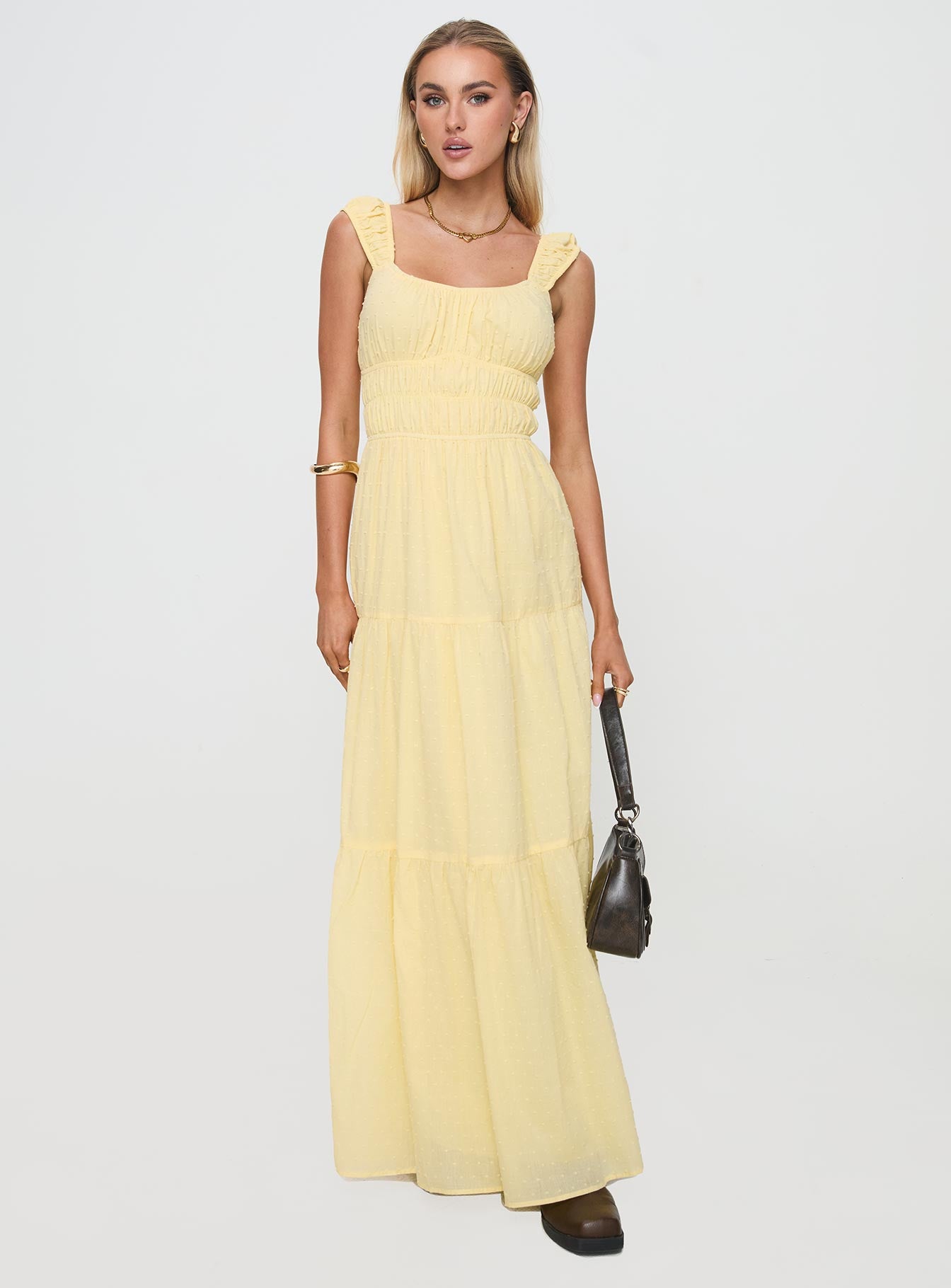 side view of model wearing Princess Polly Skieler Maxi Dress Lemon Square Neck 