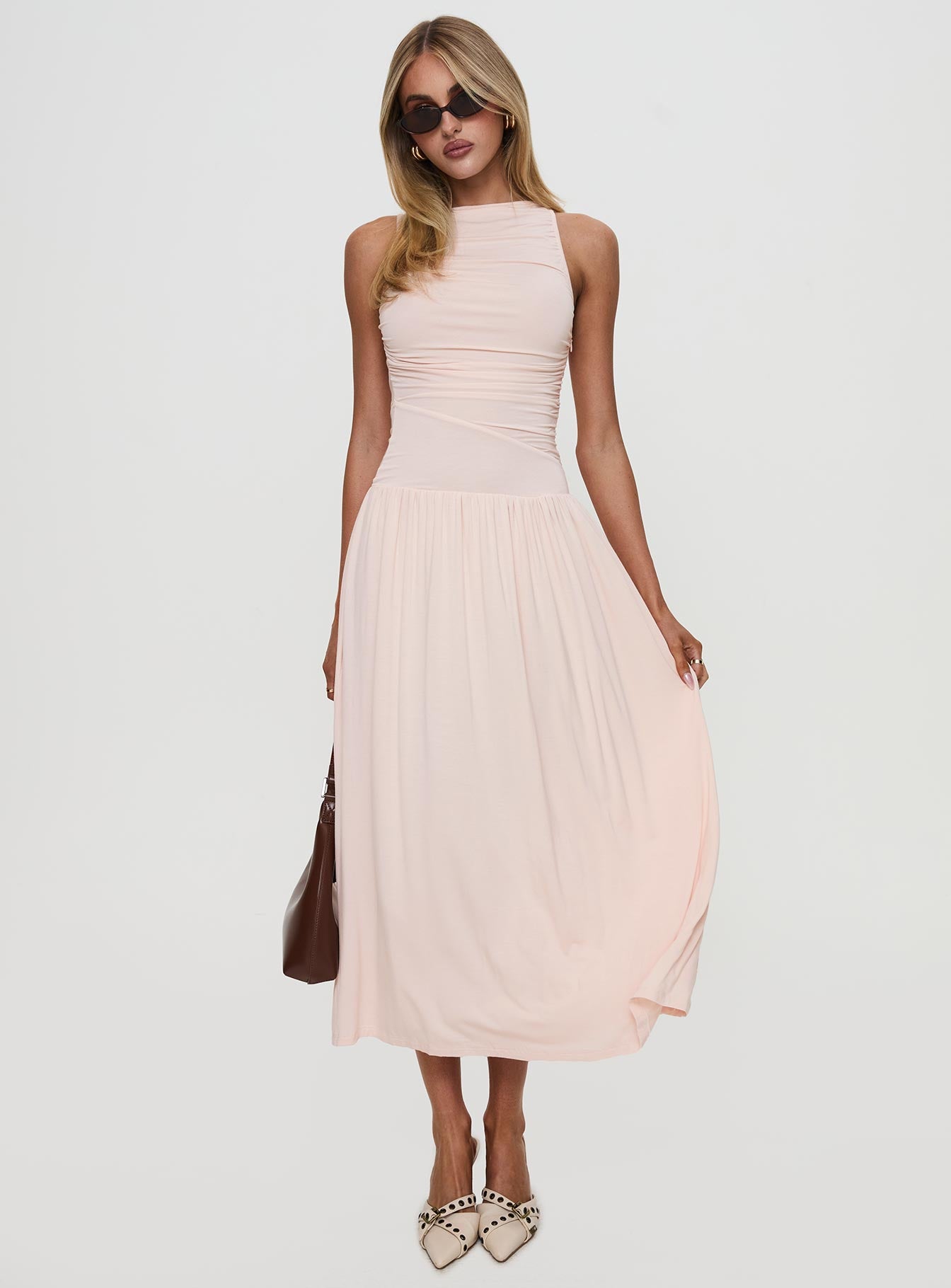 front view of model wearing Princess Polly Reveur Ruched Maxi Dress Pink High Neck 