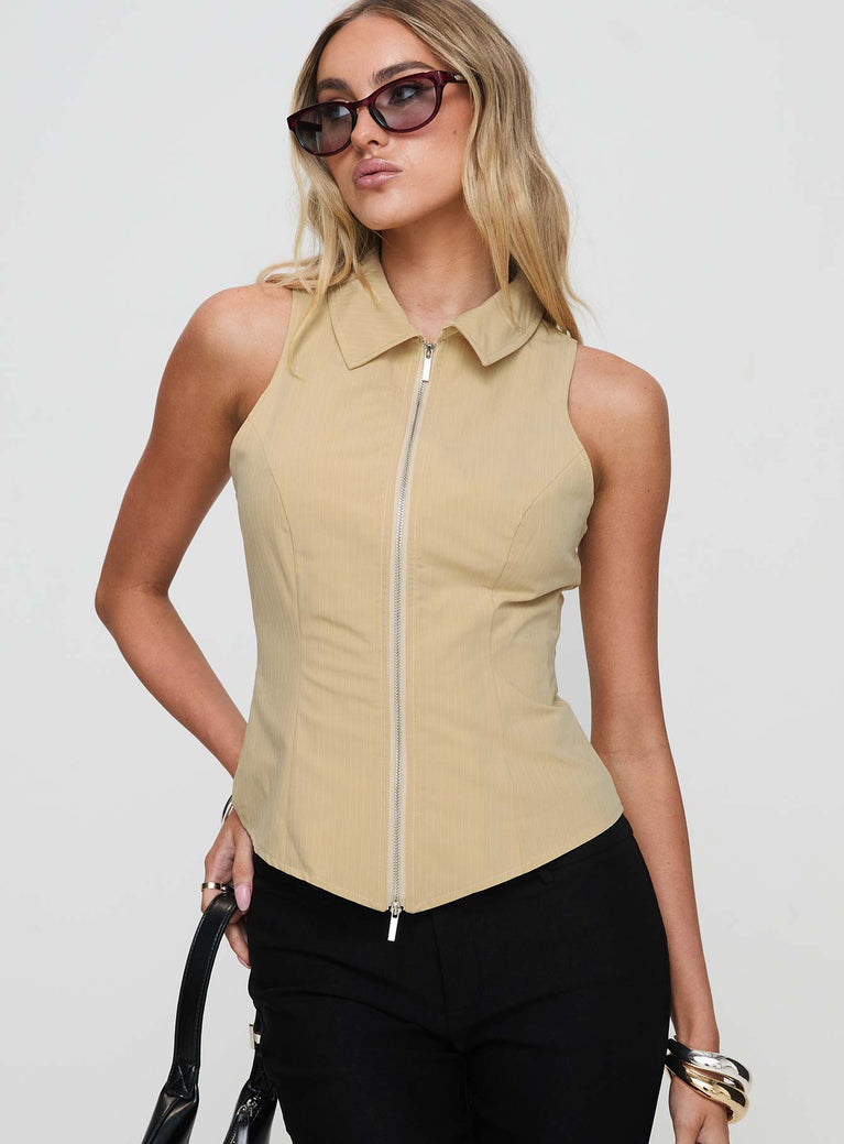 front view of model wearing Princess Polly Bedford Top Beige Sleeveless High Neck 