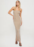 front view of model wearing Princess Polly Samper Strapless Maxi Dress Champagne Straight Neck 