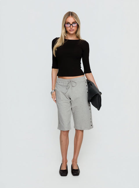 front view of model wearing Princess Polly Kether Longline Basketball Studs Short Grey Marle Mid Rise Pants 