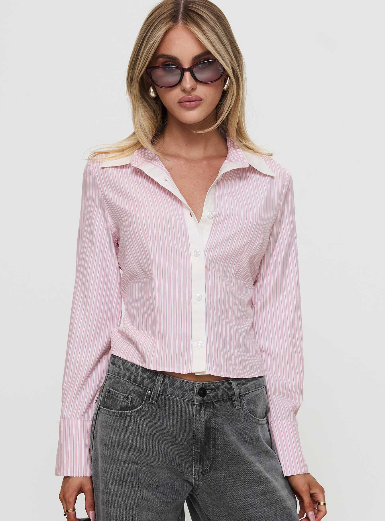 front view of model wearing Princess Polly Lyndel Long Sleeve Top Pink Stripe Full Sleeves V-Neck 