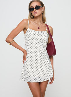 front view of model wearing Princess Polly Cookie Mini Dress White Polka Dot Scoop Neck 