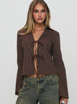 front view of model wearing Princess Polly Rozetti Long Sleeve Top Brown Stripe Full Sleeves V-Neck 