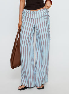 back view of model wearing Princess Polly Silver Moon Linen Blend Tie Pants Blue / Maroon Stripe Mid Rise Pants 
