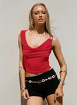 front view of model wearing Princess Polly Quincey Cowl Neck Top Red Sleeveless Cowl 