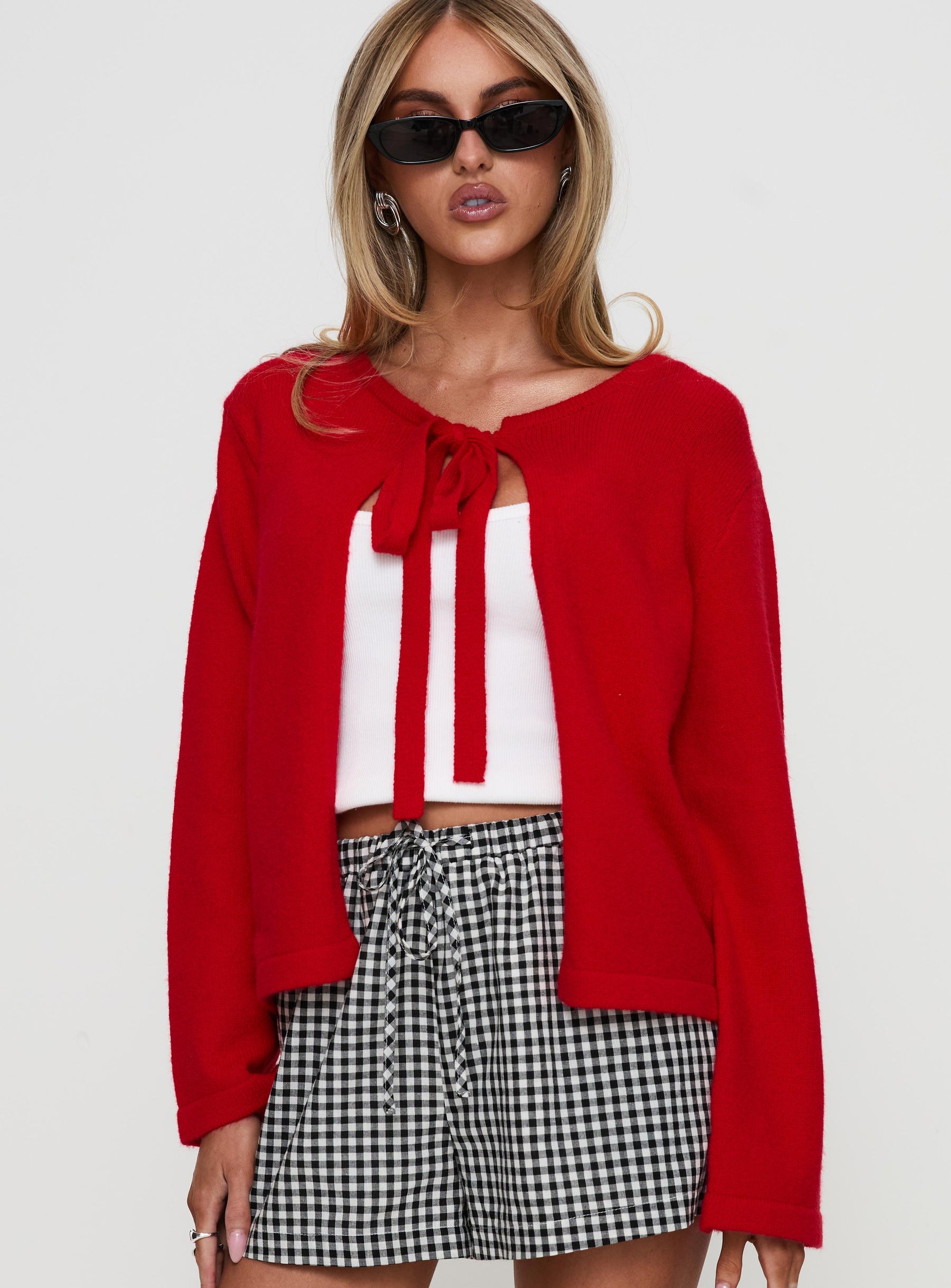 back view of model wearing Princess Polly Norine Tie Up Knit Sweater Red Cropped 