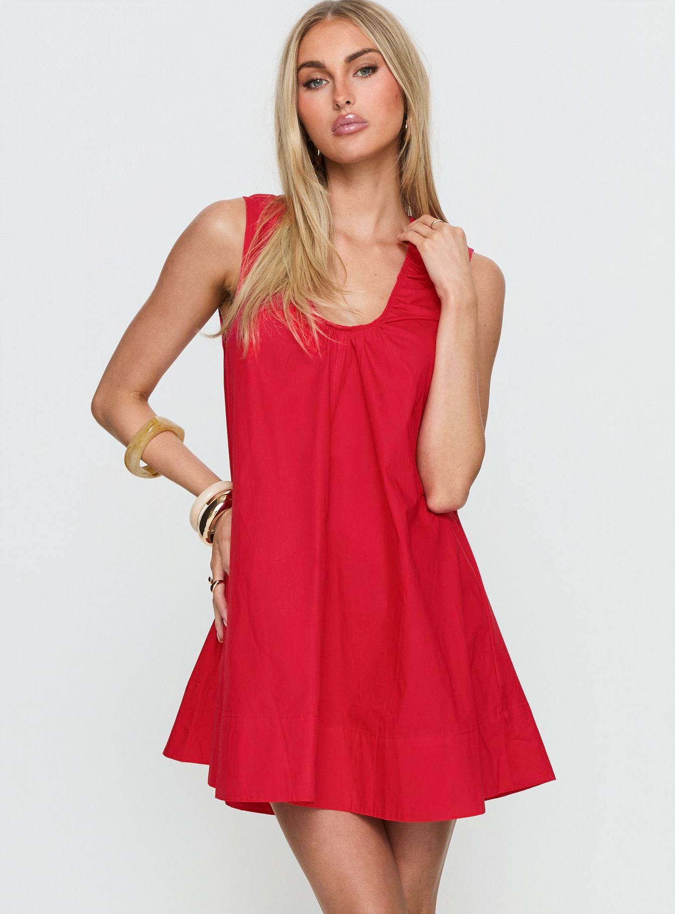 Eberta Ruched Baby Doll Mini Dress Red