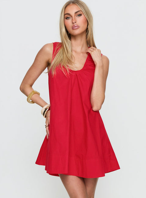 Eberta Ruched Baby Doll Mini Dress Red